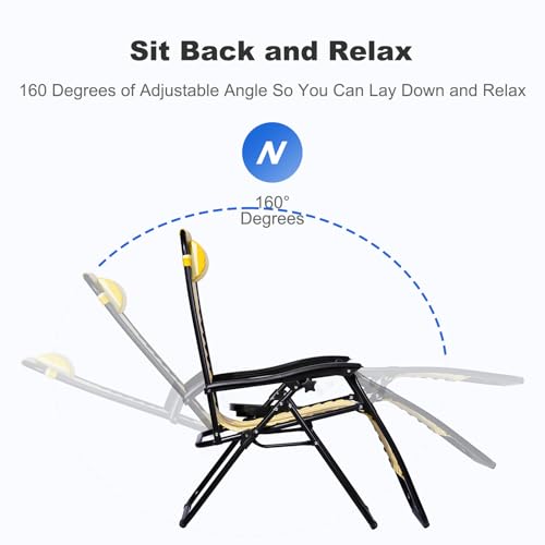 Nazhura Set of 2 Relaxing Recliners Patio Chairs Adjustable Steel Mesh Zero Gravity Lounge Chair Beach Chairs with Pillow and Cup Holder (Yellow Stripe)