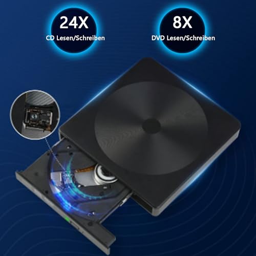 GERUI Externes DVD Laufwerk, CD DVD Brenner Player USB 3.0 Typ-C Writer DVD/CD +/-RW CD Laufwerk für PC Laptop Desktop mit Mac/OS//Linux/Win11/Win10/Win8/XP