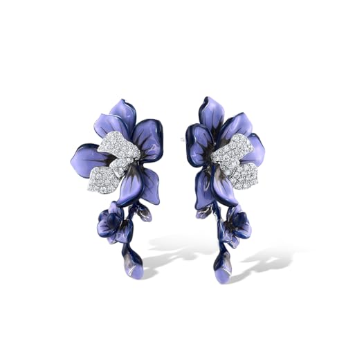 Santuzza Pendientes colgantes de orquídea de plata de ley 925 con circonita cúbica blanca, hechos a mano, esmaltados, flores blancas, regalo de joyería para mujer, Piedra preciosa esmaltada de plata