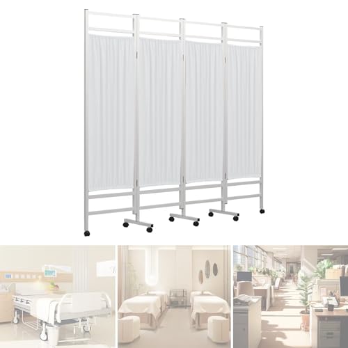 Medical Room Divider with Foldable Panels, Mobile Medical Privacy Screen with Steel Frame, partition Room dividers for Hospital, Nursing Privacy Screen, no Odor Fabric (White 4 Panels)