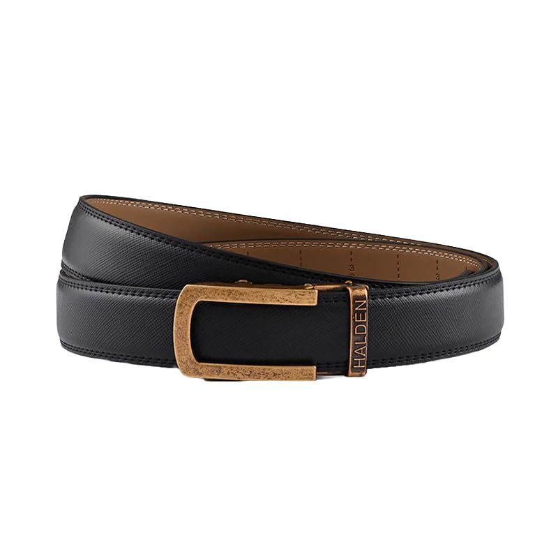 Image of HALDEN VELLANO Black Belt For Men Leather Original (Free Size Fits Up to 44 Inch Waist) Ratchet Strap with Classic Buckle & Magnetic Auto-lock, Adjustable Belt for Men