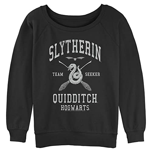 Harry Potter Womens Deathly Hallows Slytherin Quidditch Seeker Juniors Raglan Pullover with Coverstitch Black Medium
