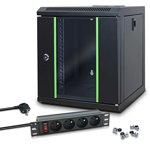 WAYTEX Pack Coffret Réseau 10 Pouces 6U, avec 1 multiprise électrique 4 Prises Inclus, Mini Baie de Brassage Noir livrée montée