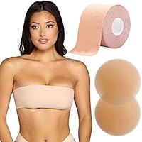 Bureaucrat Boob Tape + Reusable Silicone Nipple Covers, Cotton Spandex Multipurpose Breast Lift Booby Lifting Push-up Skin Friendly Adhesive Multipurpose Stick-on Bra for Women