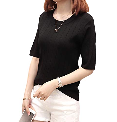 [ウィトパ] サマーニット 夏用 Uネック さらっと リブ トップス シンプル 着回し 5分袖 レディース (ブラック S) カットソー セーター 春夏 夏物 春物 夏 プルオーバー ティーシャツ Tシャツ 夏服 ロング 丈 ラウンドネック クルーネック アマゾン 服 売れ筋 薄手 ファッション おしゃれ ぶらっく 春 無地 半袖 半そで 黒 くろ (BLK S)