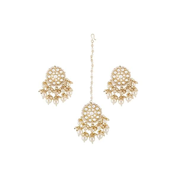ZAVERI PEARLS Gold Tone Kundan & Pearls Traditional Drop Earring & Maangtikka Set For Women-ZPFK13161