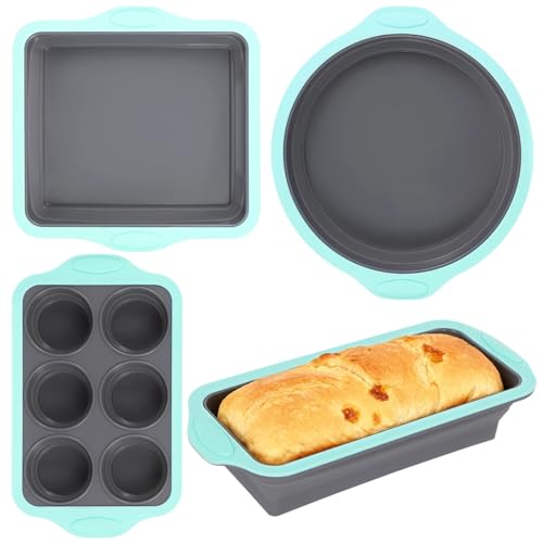 4PCS Silicone Baking Pan Set, Stackable Nonstick Baking Pans Set with Long-lasting Grip Handles & Metal Reinforced Frame, Kitchen Baking Kit for Baking Muffin, Loaf, Round & Square Cake Pans