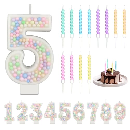 Macaron Number Candles, Pearl Sequins Birthday Candle, Pastel Numeral Birthday Cake Topper, Age with 12Pcs Spiral Candles, Candy Colour Candle for Girls Anniversary Party(1) (Number 5)