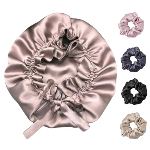 Image of Attune SatinSilkBonnet for Hair with 4 Premium Scrunchies, Adjustable Silk Hair Cap for Sleeping, Satin Bonnet for Curly Hair with Drawstring (Beige)