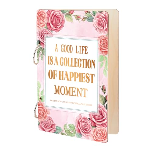 SUPERDANT A Good Life Greeting Card Holder Rose Flowers Wedding Planning Book Wooden Loose Leaf Binder Photo Album 2-Rings Cover Planner Keeper Keepsake Gifts for Bride Wedding Engagement Couple
