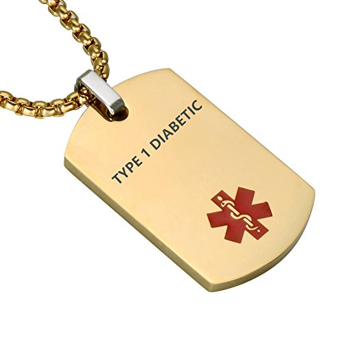 LiFashion LF Stainless Steel TYPE 1 DIABETIC Medical Alert Dog Tag ID Pendant Caduceus necklace for Men Women Teens Health Alert Monitoring Systems,Gold