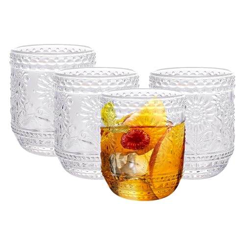 Ulable Drinking Glasses Set of 4-360ml/12oz Vintage Tumbler Glasses - Decorative Floral Embossed Water Glasses - Heavy Duty Glassware Beverages Tumblers for Whisky, Beer, Juice, Wine, Transparent