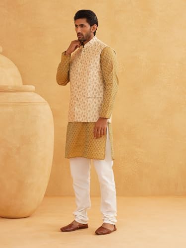 Sojanya (Since 1958 Men'S Silk Blend Self Design Mustard Kurta With Pyjama & Beige Nehru Jacket3