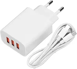 Carregador Rápido com 3 Entradas (3 USB-A - 4.1A Saída) + Cabo USB-C de 1m – Carregamento Rápido, Compatível com iOS, Android, Tablets e Todos os Dispositivos com USB Tipo-C