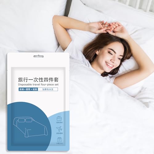 4pcs Premium Disposable Travel Bedding Set Large Size Bed Linens including One Bedsheet, One Quilt Cover, Two Pillowcases, Portable Ready-To-Use Bedset Breathable for Hotel Camping Trip Hospital