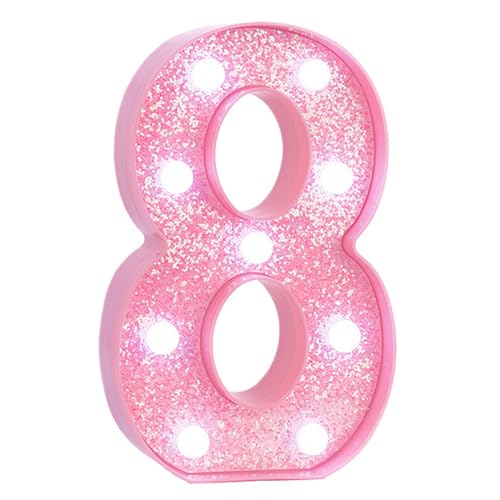 Image of Pink Light Up Marquee Numbers, Glitter LED Number Lights Signs Battery Operated for Girls 8th 18th 28th Pink Birthday Party Table Decorations, 8 Inch Tall Number 8 with Cool White Lights