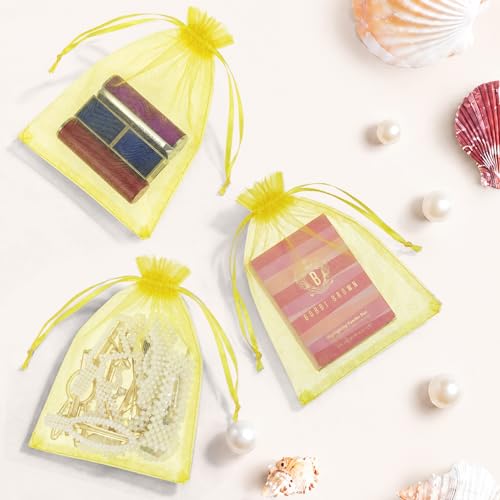 Image of ANZNKU 100 Pack Yellow Organza Bags 5x7 In, Small Mesh Gift Bags Bulk with Drawstring for Jewelry Candy Sachet Soap, Goodie Pouches for Wedding Baby Bridal Shower & Birthday Party Favors