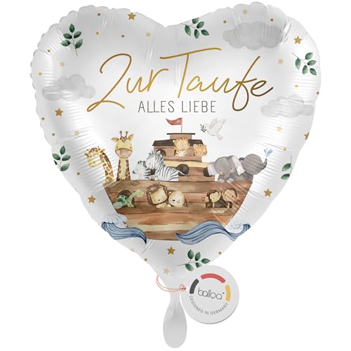 balloa Folienballon Zur Taufe Alles Liebe Arche Noah mit Tieren und Regenbogen, Geschenk zur Taufe für Jungen und Mädchen, Helium geeignet Luftballon, dekorative Deko für Kirche, Herzballon, 33cm
