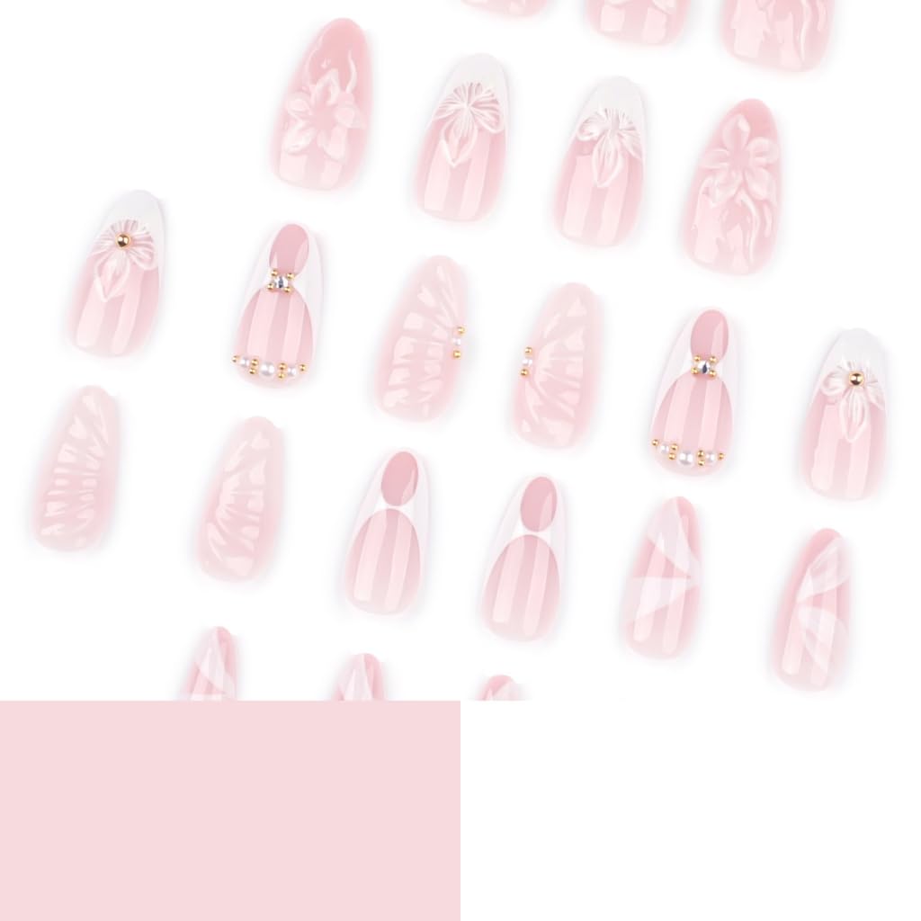 Flower Design Mediums Short Almond Shape ABS Fake Nails For Parties Weddings Vacations