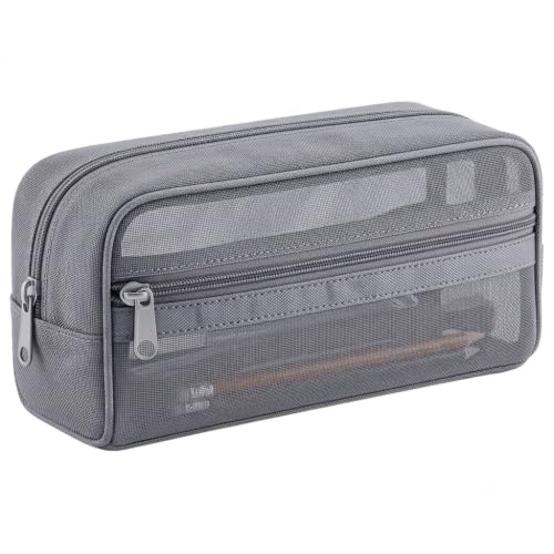 Image of FunBlast Mesh Pencil Case with Smooth Zipper, Single Layer Multi-Purpose Stationary & Pen Pouch for Boys & Girls, Transparent Stationary Bag, Organizer Pouch for Student (Grey-E)