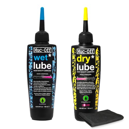 Muc-Off Dry Weather Lube & Wet Weather Lube 120ml Each Bundle with Microfiber Cloth | Biodegradable, Wax & Oil-Based Lubes for All Conditions | Smooth Gear Shifting | MTB, Road & Cyclocros...