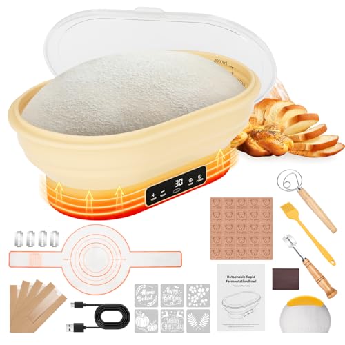 WADEO Juego de 18 piezas para fermentación de pan, Cámara de fermentación para masa madre con función de calentamiento: cesta de fermentación de 28 cm, termostato con 6 ajustes (25 °C-50 °C)