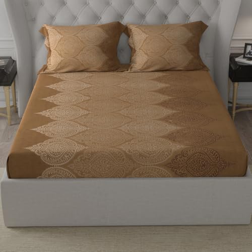 Image of Cloth Fusion Glace Cotton Elastic Fitted Bedsheet Queen Size for Double Bed with 2 Pillow Covers (78X60 inches,Ogee Brown)