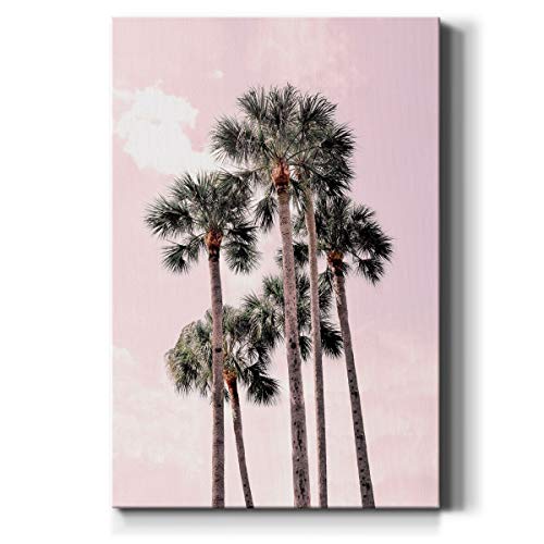 Renditions Gallery Palm Trees and Pink Sky Wall Art, Realistic Artwork, Portrait Decor, Calming Nature Decorations, Premium Gallery Wrapped Canvas, Ready to Hang, 32 in H x 48 in W, Made in America