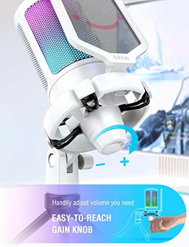 FIFINE Ampli Game USB Microphone, Condenser Mic for Online Game, Zoom, Vocal, with Mute Button, Gain Knob, Anti-Vibration, Tripod Stand-White - Image 3
