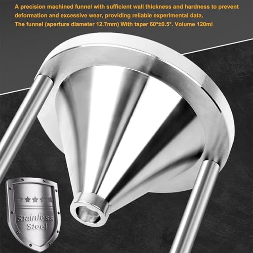 Este densímetro para Polvos, probador de Densidad aparente de Acero Inoxidable, Embudo cónico de 60°, Apertura de 12,7 mm, Ideal para Polvos metálicos y no metálicos.
