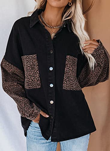 Happy Sailed Womens Plus Size Cheetah Jacket Western Fashion Leopard Contranst Denim Jacket Boyfirend Style Jean Jacket Casual Button Down Denim Shirts Black Xl #TOP2
