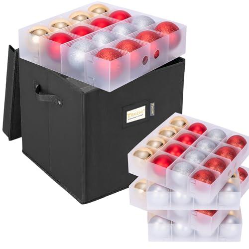 BALEINE Christmas Ornament Storage Box with Dividers, Premium Holiday Ornaments Storage Container Bin for Xmas Decorations (64 Ball, Black, Hard)