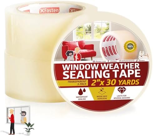 XFasten Transparent Window Weather Stripping Tape 2”x30yds (3-Pack Total 90yds), No Residue Insulation Tape for Windows and Doors, Winter Window Seal