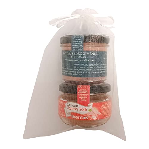 Detalle gourmet con dos tarros de paté (crema de jamón york y paté ibérico al Pedro Ximenez con pasas) de Iberitos en bolsa de organza para bodas, comuniones o bautizos (Pack 24 ud)
