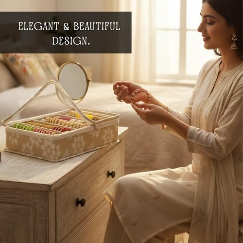 Image of PVC 5-Rod Floral Bangle Organizer Box for Women, Beige | Jewellery Bangle Storage Case for Chudi, Kada & Accessories, Bangle Holder Pouch, Pack of 1