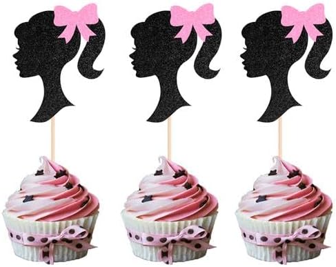 ALISSAR 24-Pack Glitter Black Doll Head Cupcake Toppers, Cupcake Topper Cake Topper for Girls Women Birthday Party Decorations