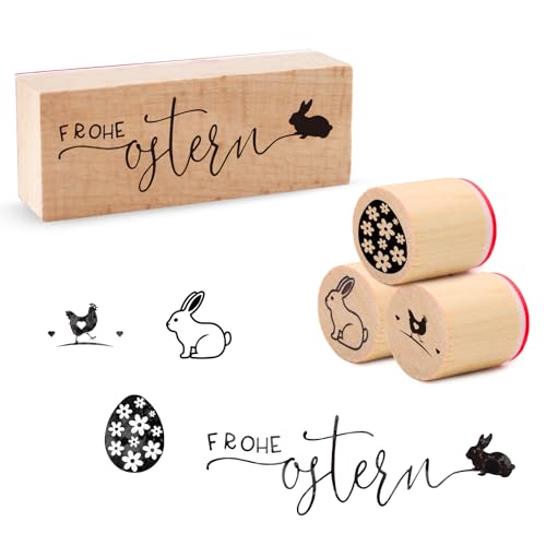 4 Stücke Stempel Frohe Ostern Motivstempel aus Holz,Huhn stempel Osterhasen Ostereier für DIY Scrapbooking Kartenherstellung Fotoalbum Journal