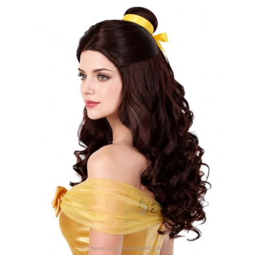 Wiggy Mermaid Prestyled Brown Curly Wig for Women + Yellow Ribbon + Detachable Bun 60cm Long Brown Wavy Hair Wig with Wig Cap for Halloween Costume Cosplay