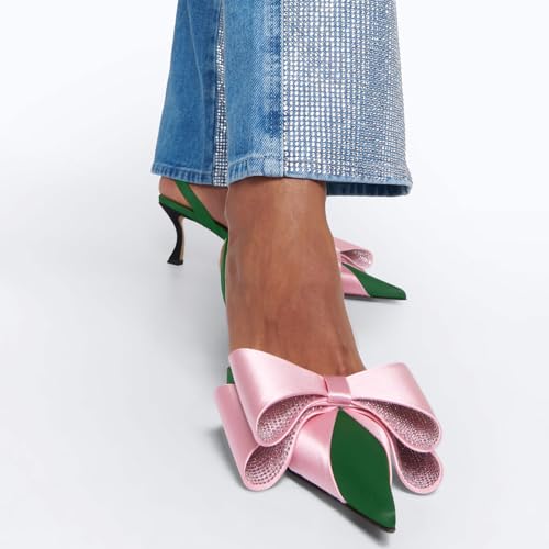 sarawill Women's Pointed Toe Slingback Kitten Heels Comfort Slip On Two Toned Closed Toe Pumps Fashion Satin Double Bows with Rhinestones Dressy High Heel Shoes for Women4