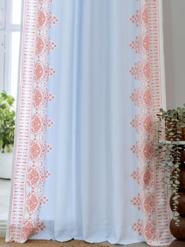 Image of Tranquebar Curtain Co. Window Curtains 5 Feet, 60-65% Room Darkening, Blue-Coral Floral Print, Cotton Curtains for Window, Cotton Curtains 5 Feet Long Set of 2, BackTab Loops, Zia (152 cm) - Set of 2