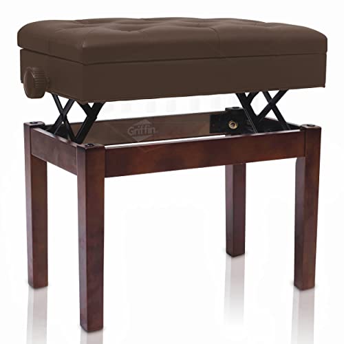 Griffin Adjustable Piano Brown Pu Leather Bench Vintage Stylish Design, Heavy-Duty & Ergonomic Keyboard Stool | Comfortable Seat & Convenient Hidden Storage Space Perfect For Home & Professional #TOP3