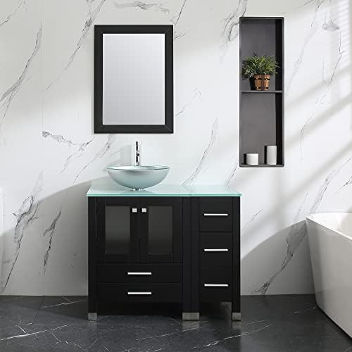 WALCUT 36" Bathroom Vanity and Sink Combo Wood Cabinet and Glass Vessel Sink and Faucet Combo Bathroom Vanities(5)