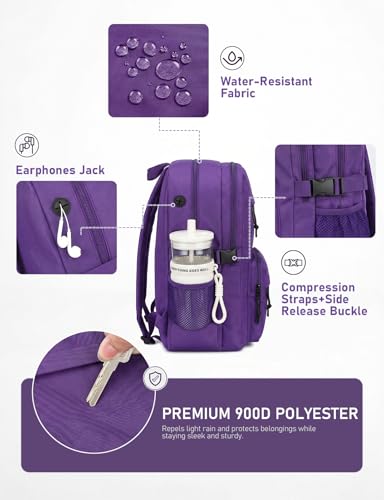 Image of Kasqo School Backpack, 20L Dual Compartment Bookbag for Girls Teens, Purple | 20L, Machine Washable, Water-Resistant, Fit 15.6 Inch Laptop, Dual Main Compartment, 8 Pockets, Side Compression Buckles