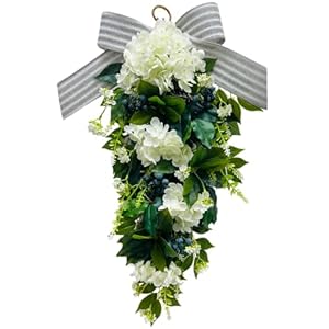 Floral Teardrop Swags All Season Lighted Teardrop Wreath with Timer(Steady and Flashing Modes) Artificial Blueberry White Hydrangea Eucalyptus Leaves and Bow Floral Arrangement for Door Wall Mantel