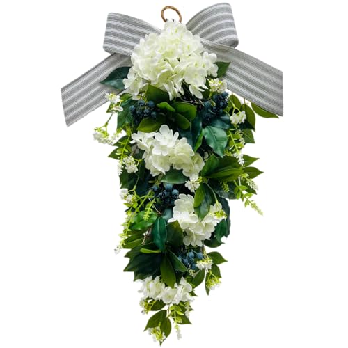 Floral Teardrop Swags All Season Lighted Teardrop Wreath with Timer(Steady and Flashing Modes) Artificial Blueberry White Hydrangea Eucalyptus Leaves and Bow Floral Arrangement for Door Wall Mantel