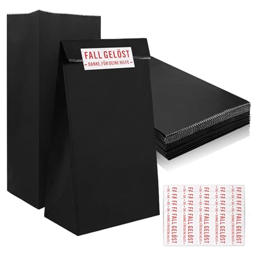 20 Stück Papiertüten Schwarz mit Aufkleber Detektiv Detektiv Geburtstag Geschenktüten 12 x 7 x 24 cm Geschenk Tüten Kindergeburtstag für Jungen und Mädchen