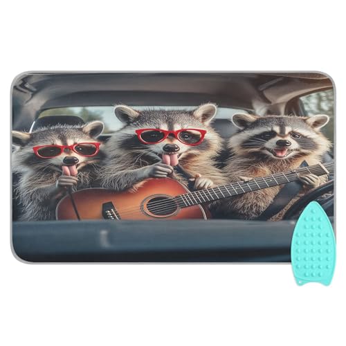 pnyoin Portable Ironing Mat Cute Raccoons with Glasses Travel Ironing Pad with Silicone Iron Rest for Steam Pressing on Tabletop or Bed Heat Resistant Portable Quilting & Travel Blanket
