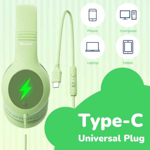 Wuopzf Kids USB C Headphones for School, 2025 Upgrade Safe Listening Wired Over-Ear Headphones with LED Lights, Volume Limiter & Microphone, Foldable Design for iPhone 16, iPad, Tablet (Green) - Image 4