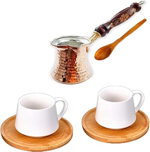 Turkish Greek Arabic Coffee Espresso Cup Saucer Porcelain Set - Handmade Hammered Copper Pot for 2 Persons - Premium Finjan Set, Ideal Gift