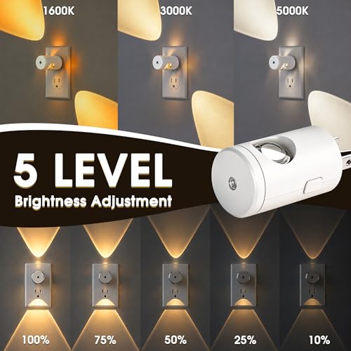 Image of Briignite LED Night Light Project 180 Rotating Night Lights Plug into Wall | 2 Pack Mini Lens, Dusk to Dawn Sensor, 3000K /5000K /Amber Dimmable Nightlight for Hallway Bathroom Room Decor, White Cover